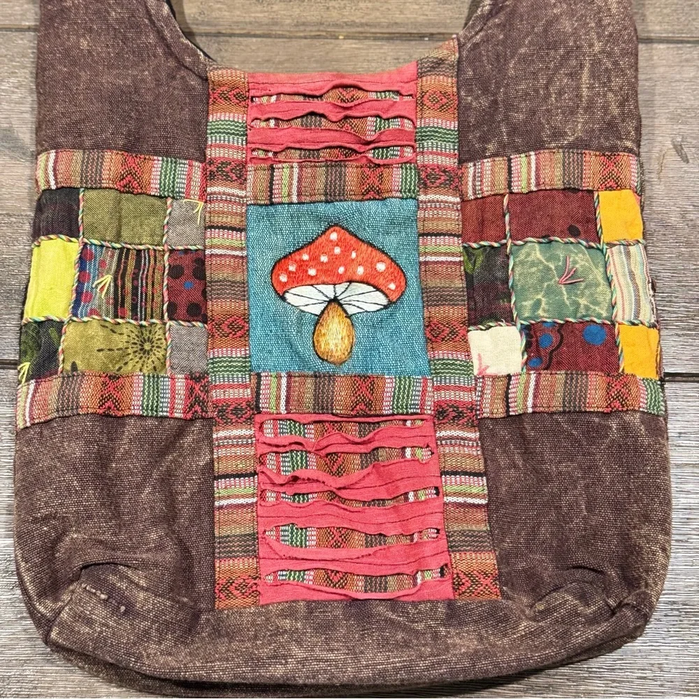 Gypsy Rose BOHO Hippie MUSHROOMS Festival PATCHWORK Embroidered Tapestry Bag